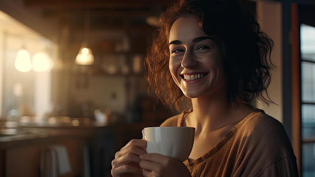 Foto mulher tomando café em casa com o nascer do sol brilhando pela janela