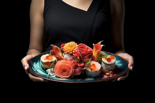 Foto mulher tomando um pedaço de sushi de um prato branco com sushi