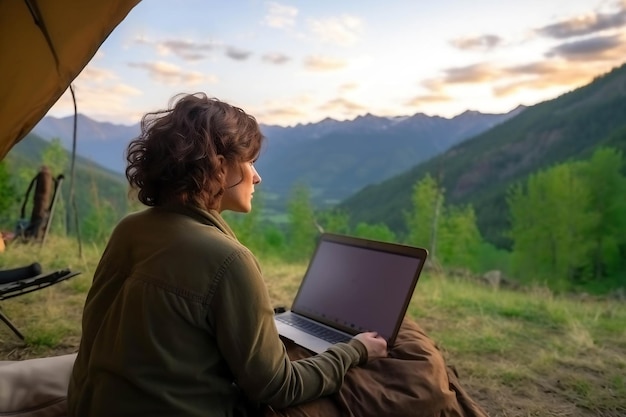 Mulher trabalha em um laptop nas montanhas perto de uma barraca Trabalho remoto e freelancer