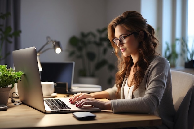 Foto mulher trabalha online em computadores em casa