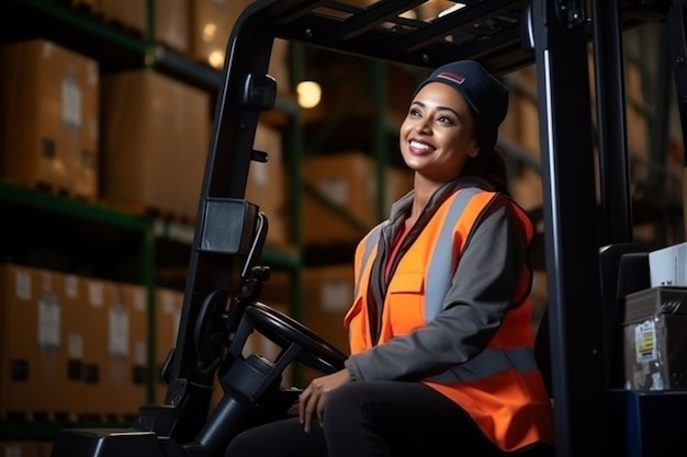 Foto mulher trabalhadora de ia generativa, motorista de empilhadeira de armazém, feliz sorrindo, gosta de trabalhar