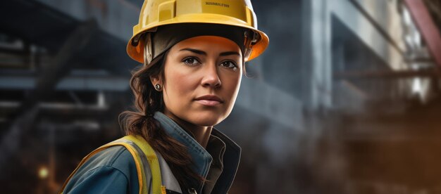 Mulher trabalhadora trabalhando em um construtor de guindastes com capacete e uniforme de trabalho no dia do trabalho