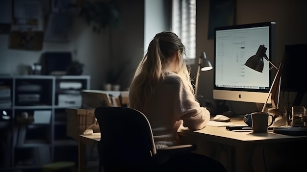 Mulher trabalhando em casa a partir de um trabalho remoto de paz de computador Generative AI