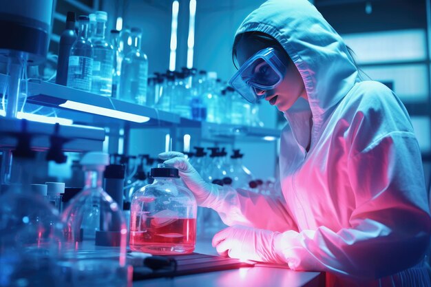 Mulher trabalhando em laboratório usando equipamentos de laboratório