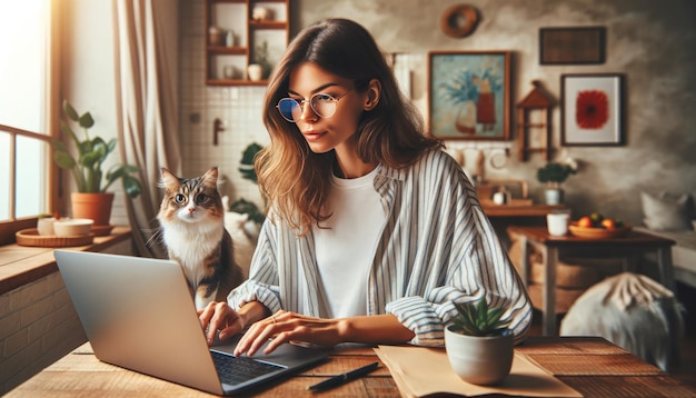 Mulher trabalhando em laptop com gato em casa