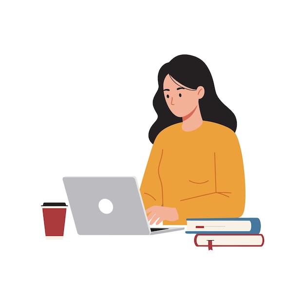 Mulher trabalhando em laptop com livros e café em arte vetorial plana