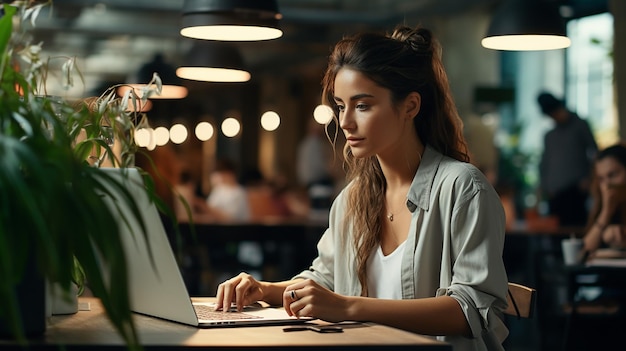 Mulher trabalhando em laptop com tela branca no escritório moderno
