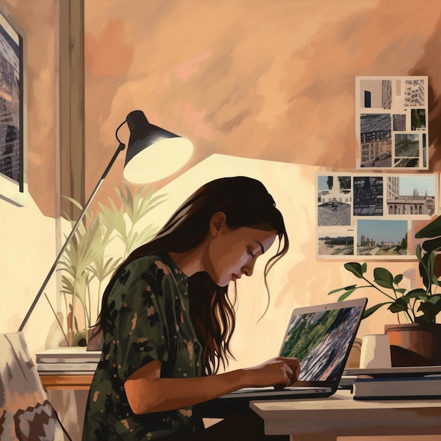 Mulher trabalhando em laptop em casa ilustração vetorial de design plano
