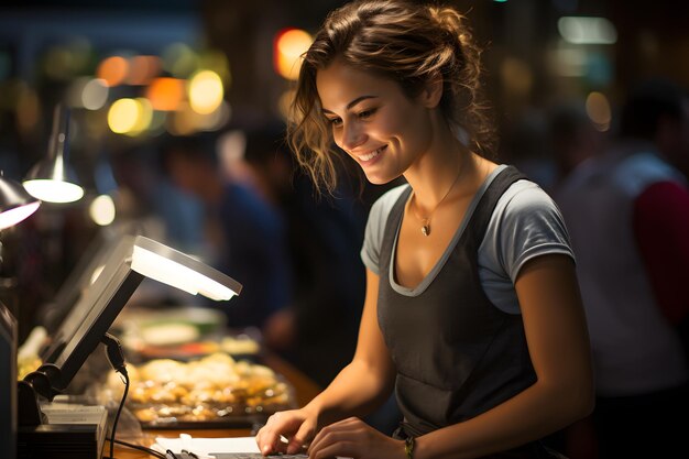 Foto mulher trabalhando em um balcão de um restaurante com uma luz em ia generativa