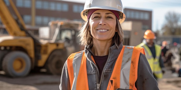 mulher trabalhando em um canteiro de obras capacete de construção e colete de trabalho sorrindo de meia-idade ou mais