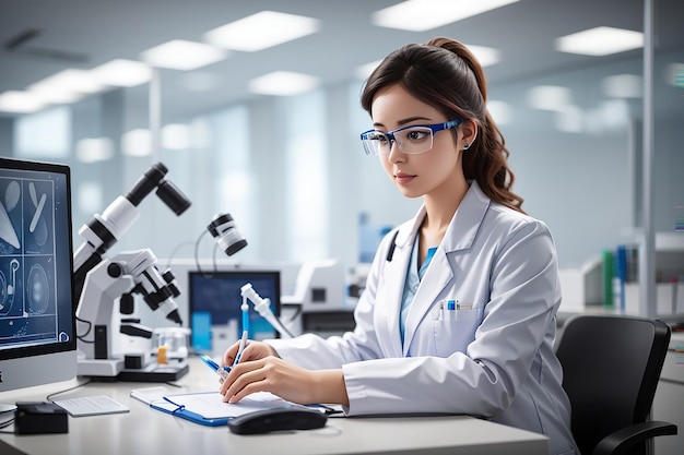 Foto mulher trabalhando em um laboratório médico ela está usando um microscópio