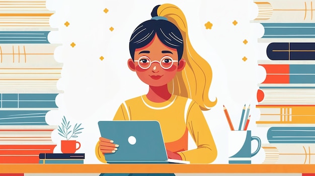 Mulher trabalhando em um laptop cercada de livros