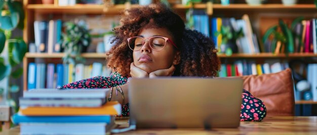 Foto mulher trabalhando em uma mesa de escritório com um laptop, seus olhos estão se fechando e ela está prestes a adormecer. conceito de privação de sono e horas extras