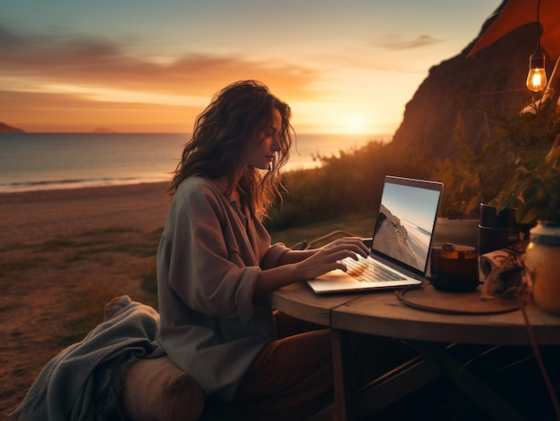 mulher trabalhando no laptop fora ao pôr do sol