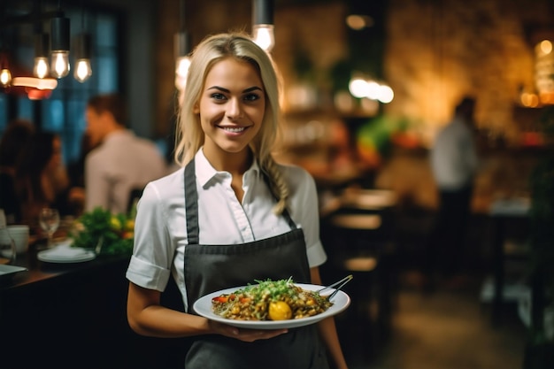 Mulher trabalho em pé uniforme dentro de casa garçom de restaurante segurando comida retrato sorriso IA generativa