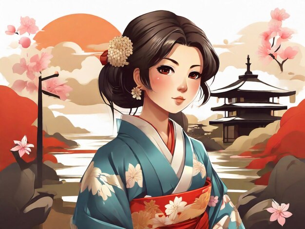 Foto mulher tradicional japonesa de aldeia com um kimono chibi estilo de ilustração