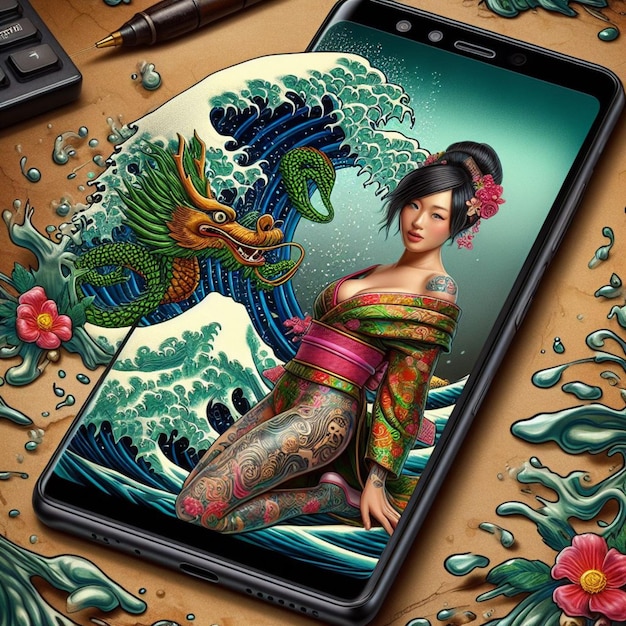 Foto mulher tradicional vestir vestido horizonte da cidade pôr do sol dragão chinês ano fora tela de telefone móvel na mesa