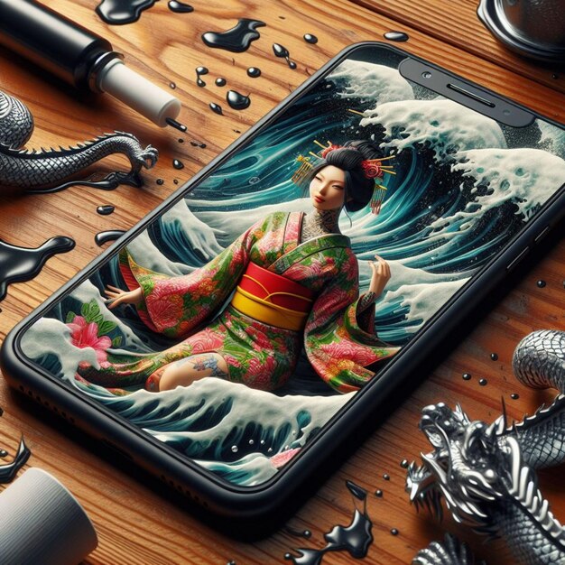 Foto mulher tradicional vestir vestido horizonte da cidade pôr do sol dragão chinês ano fora tela de telefone móvel na mesa