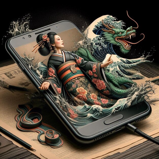 mulher tradicional vestir vestido skyline da cidade pôr do sol dragão chinês ano fora tela de telefone celular na mesa