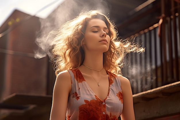 Foto mulher tranquila fazendo com os olhos fechados durante a meditação