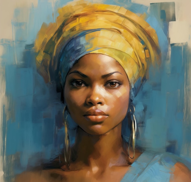 Mulher tribal africana com lenço azul na cabeça