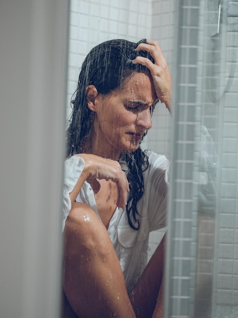 Mulher triste com cabelo comprido tomando banho com camisa branca enquanto está sentada atrás de uma cortina transparente