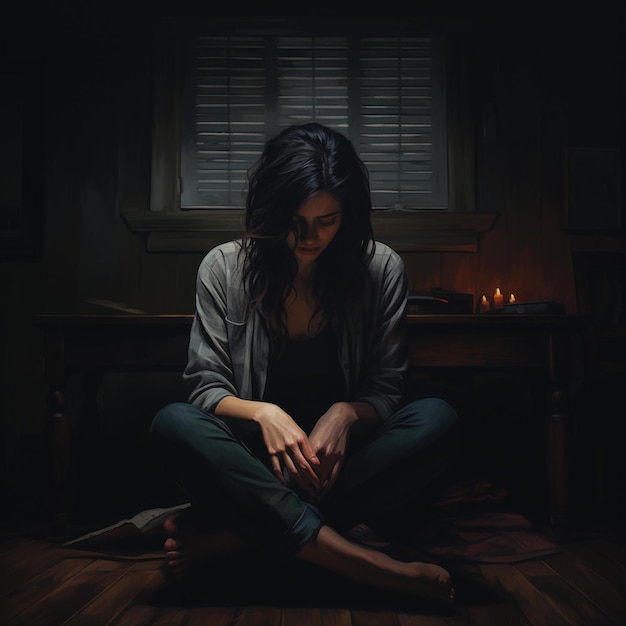 Mulher triste sentada em si mesma numa sala de estar semi-escura.