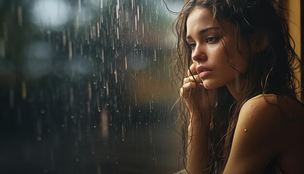 Mulher triste sentada na janela com chuva 8 de março Dia Mundial da Mulher