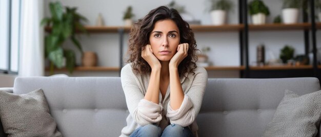 Foto mulher triste sentada no sofá em casa pensando em coisas importantes