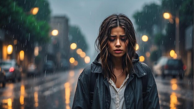 Foto mulher triste sob a chuva sozinha na rua copiar espaço tom escuro