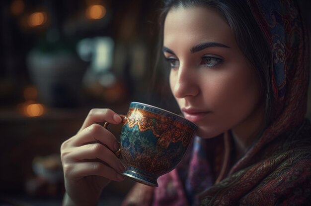 Foto mulher turca bebendo chá preto gerar ai