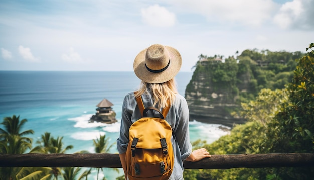 Mulher turista com mochila de férias em Bali