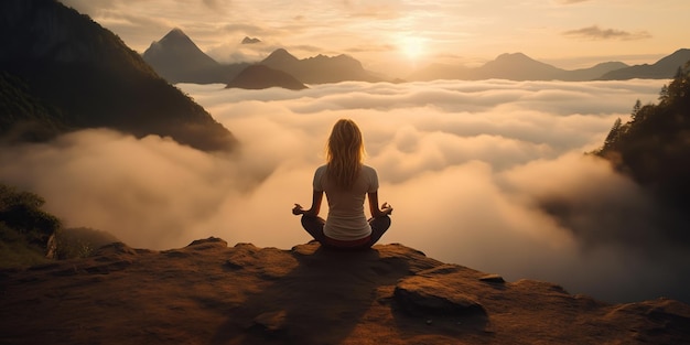 Mulher turista fazendo exercício fazendo ioga calma e prática de ioga de montanha na frente é um mar de meditação de névoa