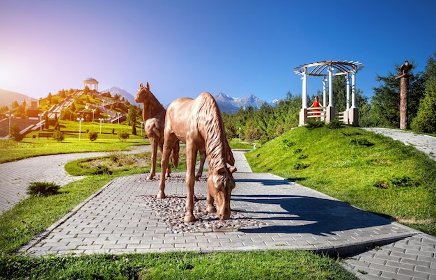 Mulher turista no parque com cavalos