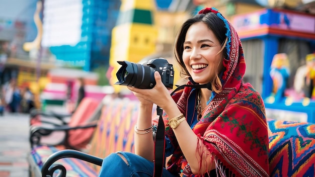 Mulher turista sorridente sentada com a câmera