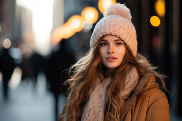 Mulher urbana caminhando na rua da cidade durante o inverno frio