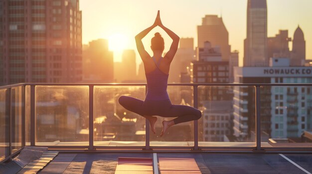 Mulher urbana de ioga praticando asanas em um telhado ao pôr-do-sol