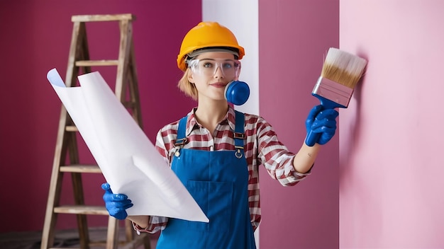 Mulher usa óculos de segurança respirador hardhat detém plano e pincel de pintura vai repintar h