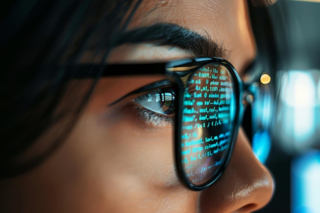 Mulher usa óculos olhando código projetado no rosto e refletindo desenvolvedor de software trabalhando em Inno