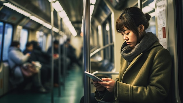 Mulher usando aplicativo de mídia social no metrô