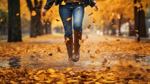 Mulher usando botas adaptáveis à chuva andando correndo e saltando em poças com borrifos de água e gotas na chuva do tempo de coleta gerada por IA