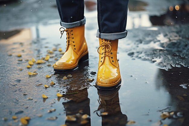 Mulher usando botas de borracha caminhando por poças na rua da cidade gerada pela IA