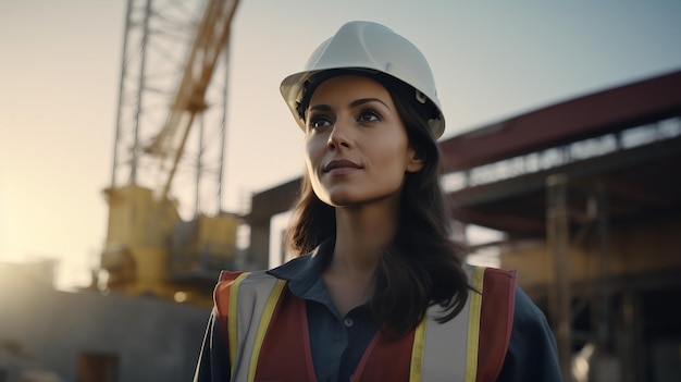 Mulher Usando Capacete E Colete De Segurança No Dia Da História Da Mulher No Canteiro De Obras