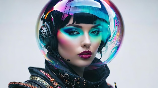 Foto mulher usando capacete futurista