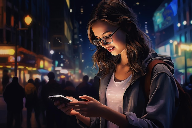 Mulher usando celular na cidade à noite