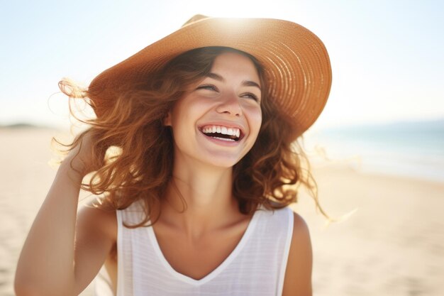 Mulher usando chapéu desfrutando de seu tempo na praia Perfeito para projetos relacionados a viagens e férias