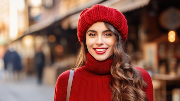 Mulher usando chapéu vermelho e suéter vermelho Adequado para designs temáticos de inverno e atividades ao ar livre
