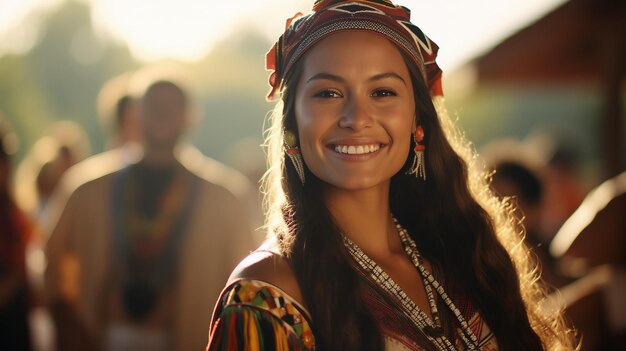 Foto mulher usando cocar sorrindo para a câmera mês da herança hispânica