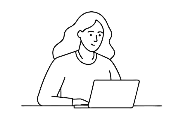 Mulher usando computador portátil Desenho vetorial de mulher usando laptop arte de linha contínua