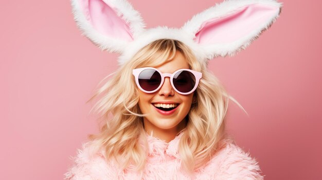 Mulher usando faixa de cabeça e óculos de bunnyears em fundo rosa isolado